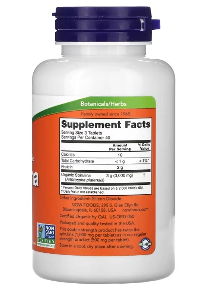 Spirulina Orgânica Dosagem dupla, 1000mg, 120 Comprimidos, Now