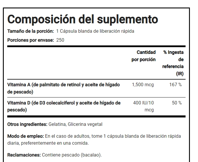 Vitamina A e D3, A-5000 UI D-400 UI, 250 cápsulas, PipingRock