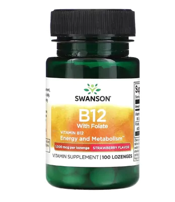 Vitamina B12 com Folato, 1.000 mcg, 100 Pastilhas sabor Morango, Swanson