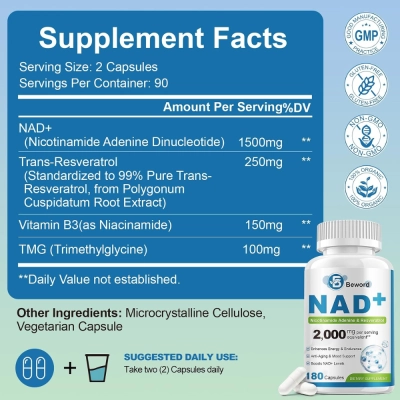 Liposomal NAD+ 2000mg, 4 em 1, 180 Cápsulas, Beword