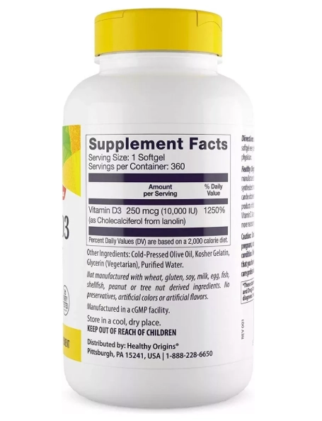Vitamina D3 10000UI, 360 Softgels, Healthy Origins