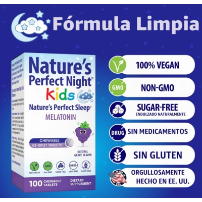 Melatonina 1mg Kids, 100 Comprimidos Mastigáveis Sabor Uva, Nature's Perfect Night