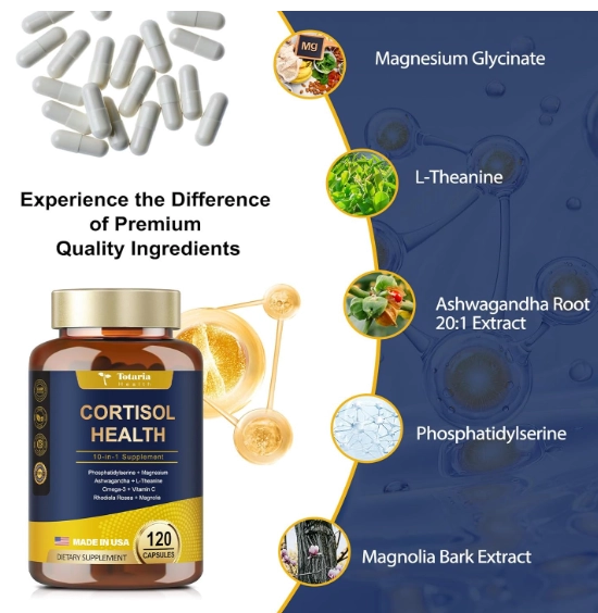 Cortisol com Ashwagandha, Magnésio, Rhodiola Rosea, L Teanina, Equilíbrio Hormona, 120 Cápsulas, Totaria