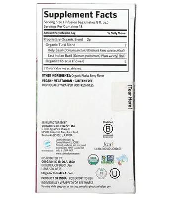 Chá Tulsi, Hibisco, Sem Cafeína, 18 Saquinhos, Organic India