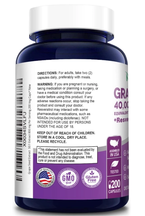 Grape Seed 40,000mg e Resveratrol, 200 Cápsulas, NusaPure