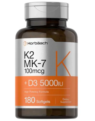 Vitamina D3 5000UI, K2 MK-7 100mcg, 180 Cápsulas, Horbaach