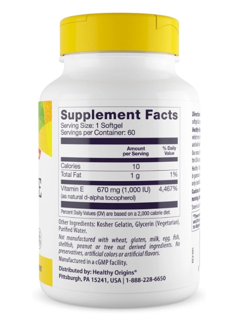 Vitamina E 1000UI Tocoferóis Mistos, 60 Cápsulas, Healthy Origins