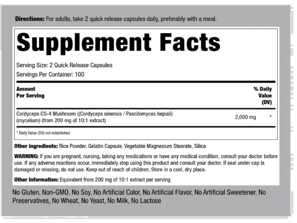 Cordyceps 2000mg, 200 Cápsulas, PipingRock