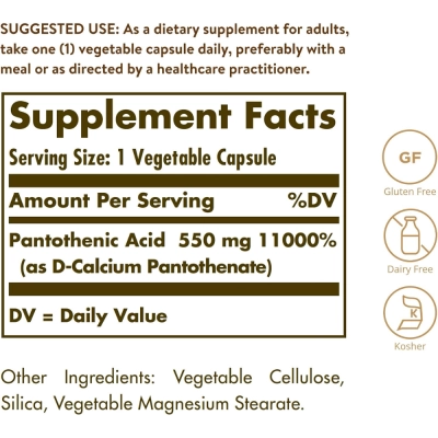Ácido Pantotênico (Vitamina B5), 550 mg, 100 Cápsulas, Solgar