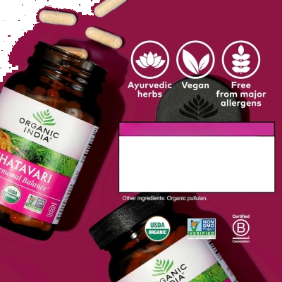 Shatavari Orgânico, Equilíbrio Hormonal Feminino, TPM e Bem-Estar, 180 Cápsulas, Organic India