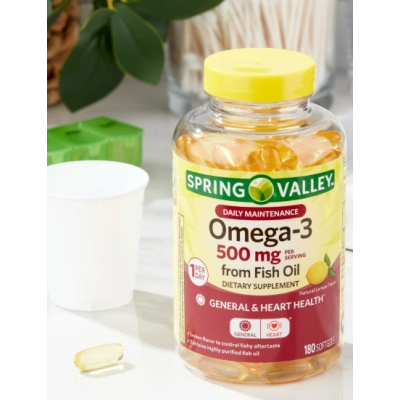 Ômega-3 500mg, Oleo de Peixe para a Saúde do Coração, 180 cápsulas, Spring Valley