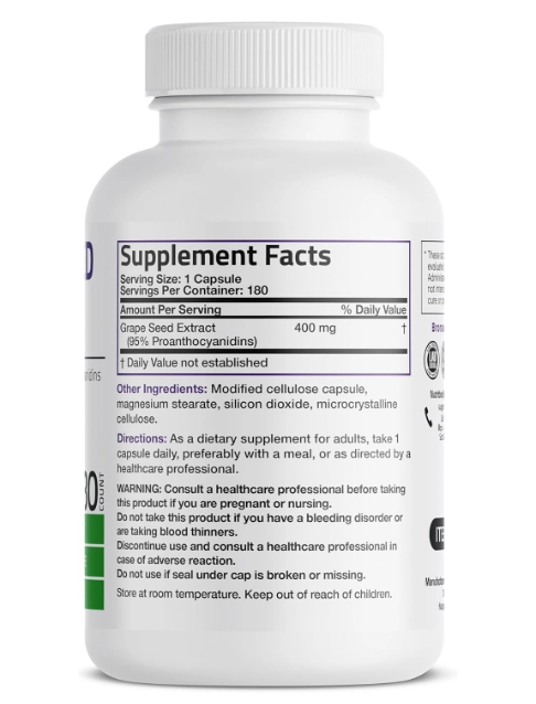 Grape Seed Extract, Semente de Uva 400mg, Com  95% de Proantocianidinas, 180 Cápsulas, Bronson
