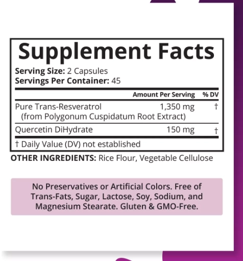 Trans Resveratrol com Quercetina, 1350mg, 90 Cápsulas, Purity Labs