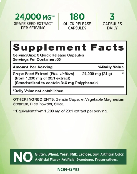 Grape Seed Extract, Semente de Uva 24.000mg, 180 Cápsulas, Nature's Truth