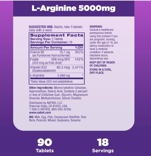L-Arginina Força Extra, 5000mg, 90 Comprimidos, Natrol