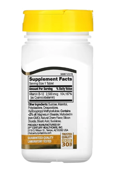 Vitamina B-12, 2500mcg, 110 Comprimidos Sabor Cereja, 21st Century