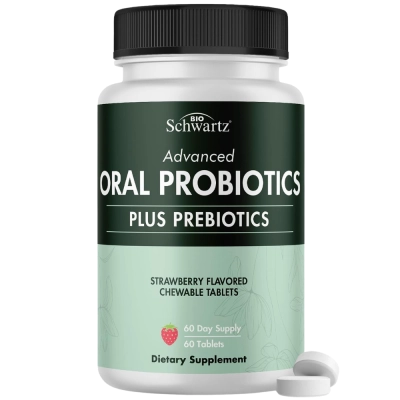 Probiótico Oral com Prebióticos, 60 Comprimidos, Sabor Morango, BioSchwartz