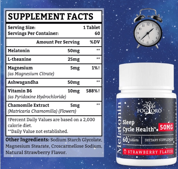 Melatonina 50mg, 60 Comprimidos Mastigáveis Sabor Morango, Fogoro