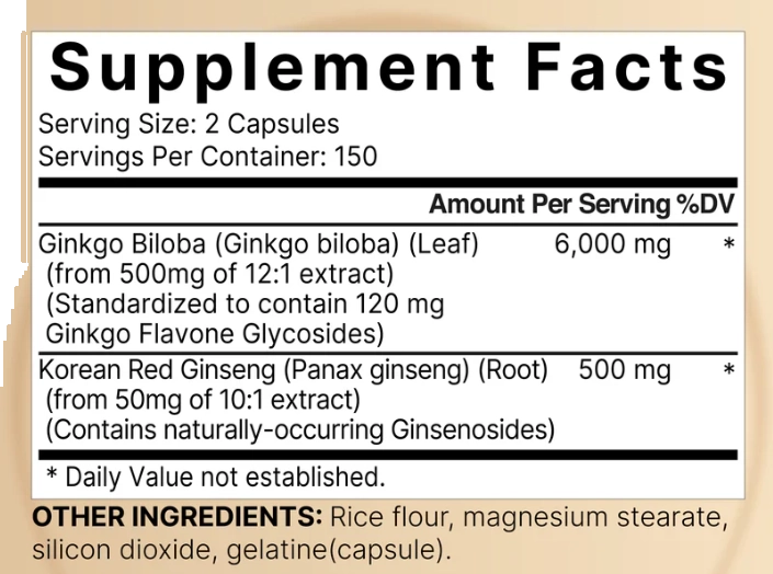 Ginkgo Biloba com Panax Ginseng, 6000mg, 300 cápsulas, Naturebell