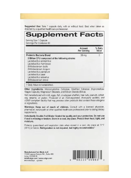 Probióticos LactoBif, 5 Lactobacilos e 3 Bifidobactérias, 5 Bilhões de UFCs, 60 Cápsulas, California Gold Nutrition
