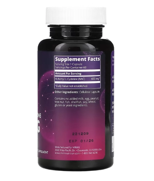 Nac, N-Acetil L-Cisteína, 600mg, 60 Cápsulas, MRM Nutrition