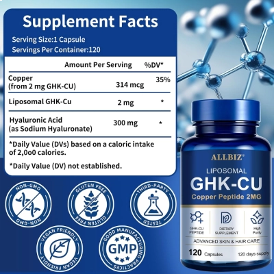 Liposomal GHK-Cu, Peptídeo de Cobre, 2mg, 120 Cápsulas, ALLBIZ