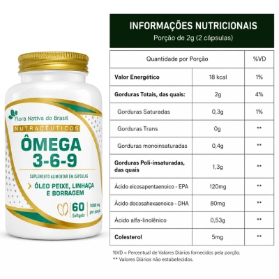 Ômega 3-6-9, Óleo de Peixe, Óleo de Linhaça e Óleo de Borragem, 60 Cápsulas, Flora Nativa