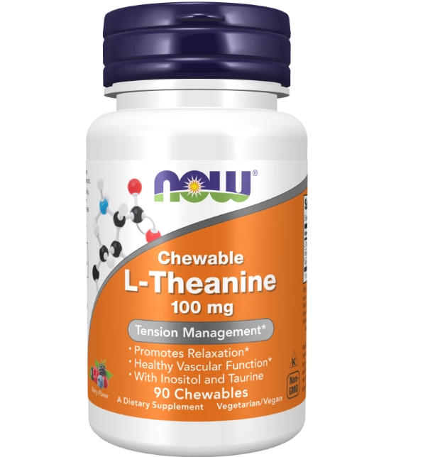 L-Theanine, 100mg, 90 Comprimidos Mastigáveis Sabor Frutas Vermelhas, Now
