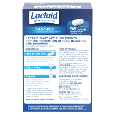 Lactaid Fast Act, Para Intolerância à Lactose com Enzima Lactase, 96 Capsulas 