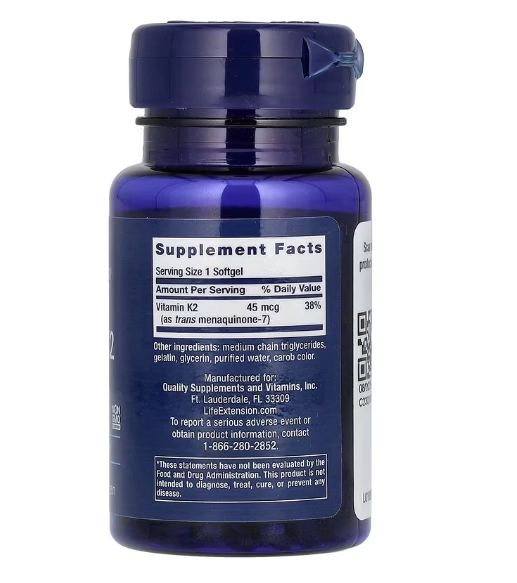 Vitamina K2, MK-7 45mcg, 90 capsulas, Life Extension