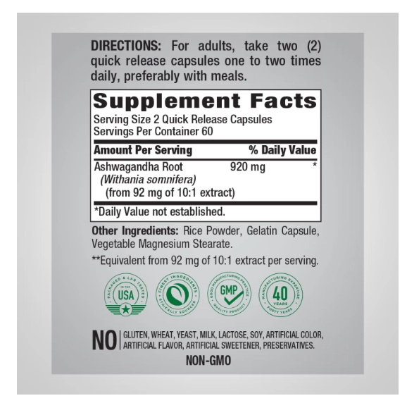 Raiz de Ashwagandha, 920mg, 120 cápsulas de liberação rápida, PipingRock