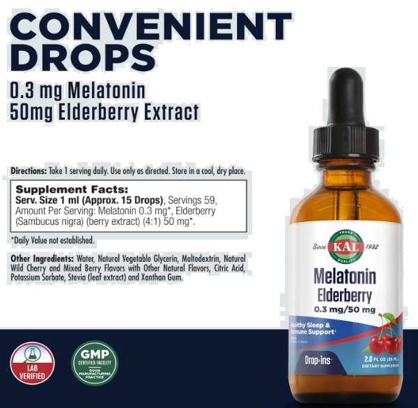 Melatonina 0.3mg com Cherry Elderberry 50mg, 59ml, Kal