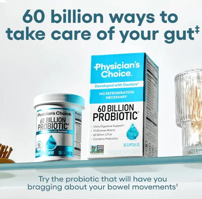Probiótico 60 bilhões de UFC, 10 Cepas + Prebióticos Orgânicos, 84 Cápsulas, Physician's Choice