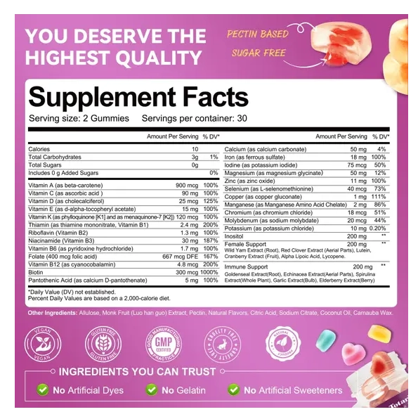 Multivitamínico Feminino, 60 Gomas Sabor Frutas Tropicais Sem açúcar, Totaria Health