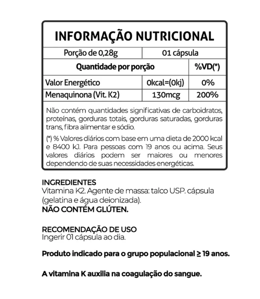 Vitamina K2 Menaquinona, 130mcg, 60 Cápsulas, Fitoprime