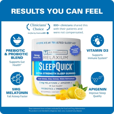 Relaxium SleepQuick, Melatonina 5mg, 60 Gomas, Sabor Limão, M.D Formulated