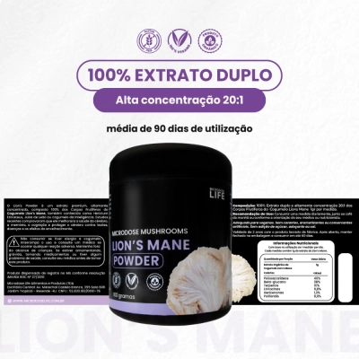 Extrato Lions's Mane Powder,  Juba de leão, 100g, Auxilio no Foco e Memória, Microdose Life