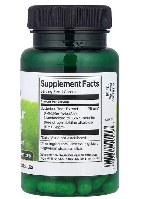 Butterbur Extract, Extrato de Petasites 75mg, 60 cápsulas, Swanson