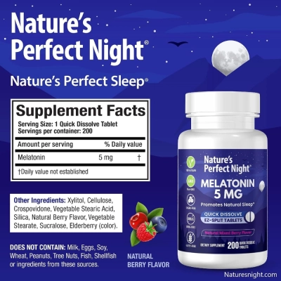 Melatonina 5mg, 200 Comprimidos de Dissolução Rápida, Nature’s Perfect Night
