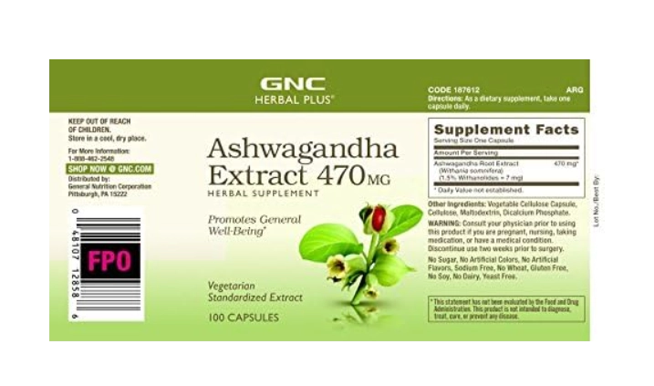 Extrato de Ashwagandha 470mg, 100 Cápsulas, GNC