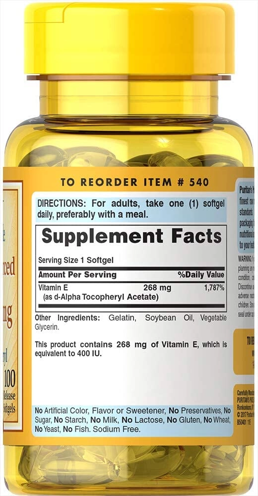 Vitamina E, 400IU, 100% natural, 100 softgels, Puritans Pride