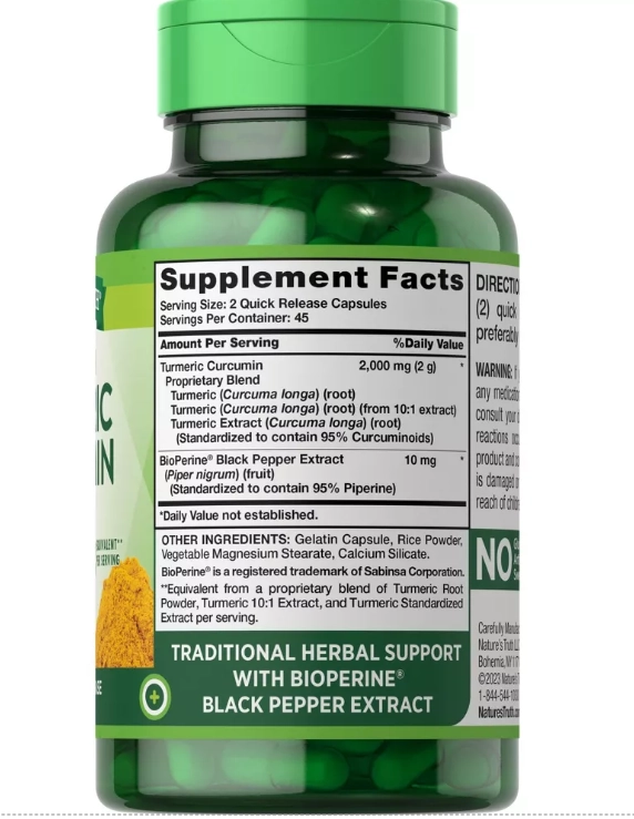 Curcumina de Cúrcuma, Turmeric, Com Pimenta Preta BioPerine, 90 Cápsulas, Nature's Truth
