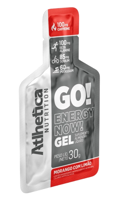 GO! Energy Now Gel, Caixa com 10 Saches 30g cada, Sabor Morango com Limão, Atlhetica Nutrition
