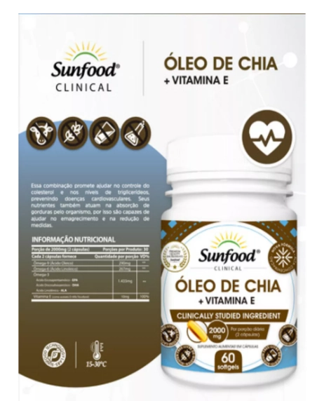 Óleo de Chia, 2000mg, Com  Vitamina E, 60 Cápsulas, Sunfood