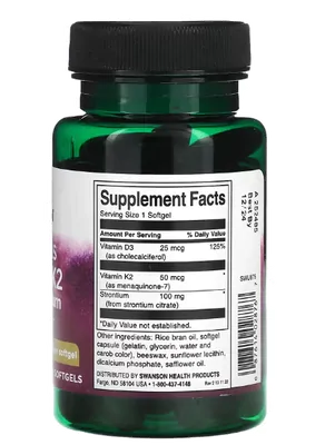 Vitamina D3 e K2 com Estrôncio, 1000UI, 60 Softgels, Swanson