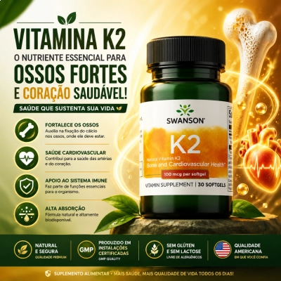 Vitamina K2, Ossos Fortes e Saúde do Coração, Absorção de Cálcio, 30 Cápsulas, Swanson