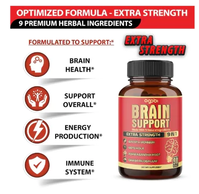 Brain Support, Suplemento 9 em 1 para Suporte Cerebral, Com Ashwagandha, Gotu Kola e Bacopa, 90 Cápsulas, Agobi