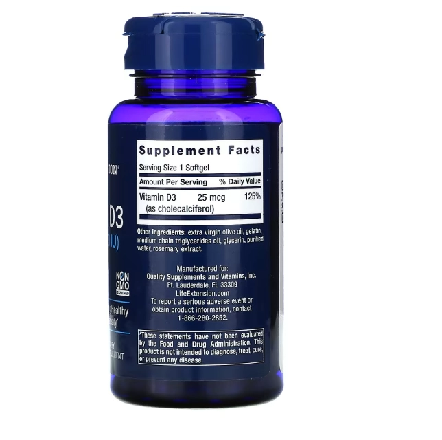 Vitamina D3 25mcg, 1000IU, 250 Cápsulas Softgel, Life Extension
