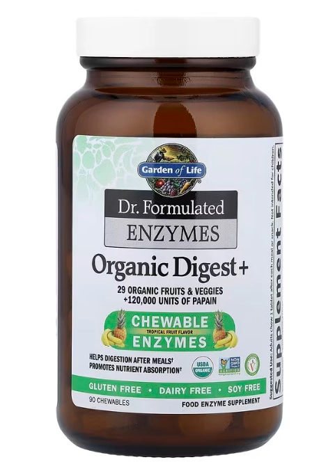Enzimas Formuladas Organic Digest +, 90 Comprimidos Mastigáveis Sabor Frutas Tropicais, Garden of Life