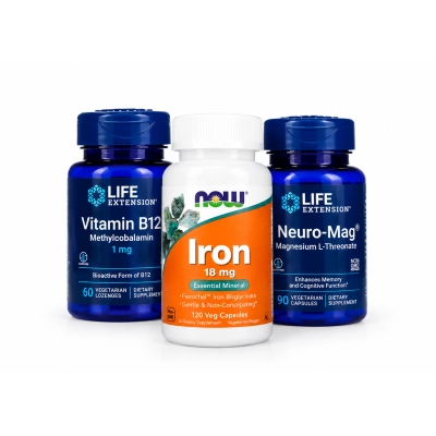 Kit Foco &amp; Memoria, Neuro Mag Life Extension + Vitamina B12 Life Extension + Ferro Now
